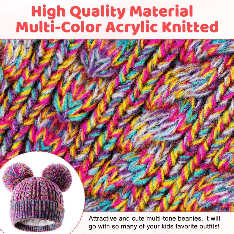 HAITHO Winter Hat for Kids Toddler Children, Girls Beanie with Double Pom Pom Warm Thick Thermal Fleece Lined, Girls Accessories Cute Knit Beanies Cap for Cold Weather Blue - Image 3