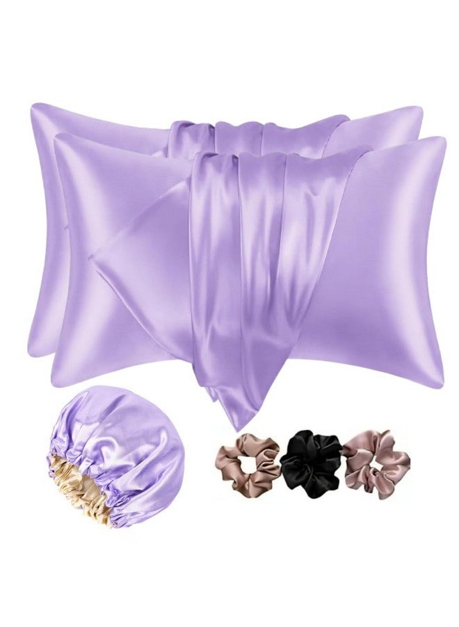 Go well Satin Bonnet for Curly Hair with Free Silk Satin Pillow Covers and Scrunchies | Silk Bonnet for Hair|Best Gift Combo of Pack of 2 Satin Pillowcases with 3 Silk Scrunchies HairCap (purple) - Image 1