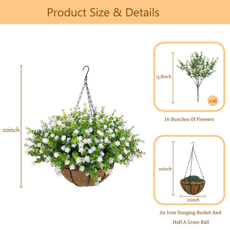 NETAP Artificial Hanging Flowers Basket for Outdoor, 16 Fake Flowers Look Real UV Resistant, Faux Hanging Plants for Porch, Balcony, Patio, Garden, Spring Summer Decor,White - Image 5