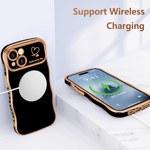 LCHULLE for iPhone 15 Case for Women Girls, Cute Wave Frame Curly Shape with Love Heart Pattern Raised Camera Protection Cover Luxury Plating Shockproof Phone Case for iPhone 15, Black - Image 5