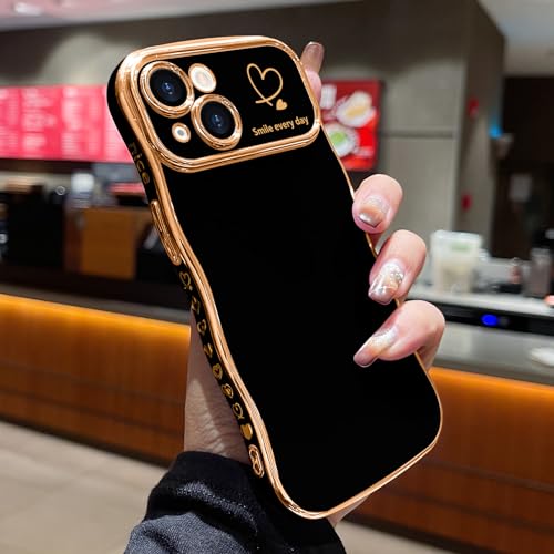 LCHULLE for iPhone 15 Case for Women Girls, Cute Wave Frame Curly Shape with Love Heart Pattern Raised Camera Protection Cover Luxury Plating Shockproof Phone Case for iPhone 15, Black - Image 2