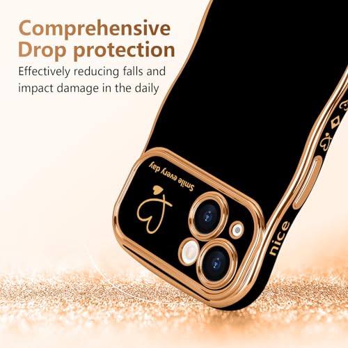 LCHULLE for iPhone 15 Case for Women Girls, Cute Wave Frame Curly Shape with Love Heart Pattern Raised Camera Protection Cover Luxury Plating Shockproof Phone Case for iPhone 15, Black - Image 3