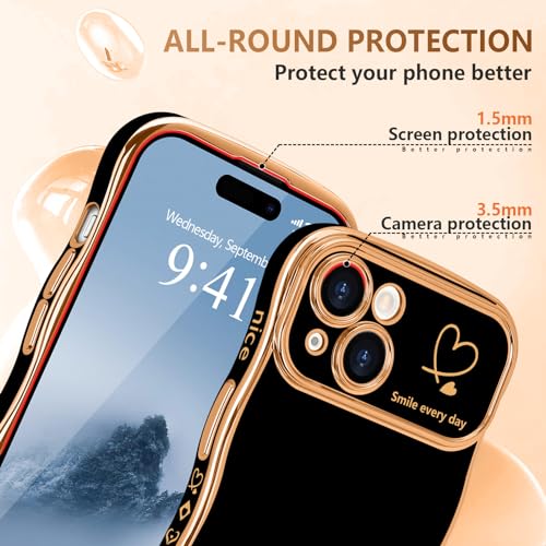 LCHULLE for iPhone 15 Case for Women Girls, Cute Wave Frame Curly Shape with Love Heart Pattern Raised Camera Protection Cover Luxury Plating Shockproof Phone Case for iPhone 15, Black - Image 4