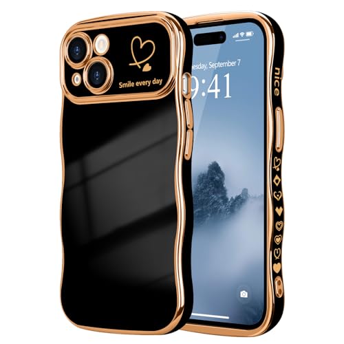 LCHULLE for iPhone 15 Case for Women Girls, Cute Wave Frame Curly Shape with Love Heart Pattern Raised Camera Protection Cover Luxury Plating Shockproof Phone Case for iPhone 15, Black - Image 1