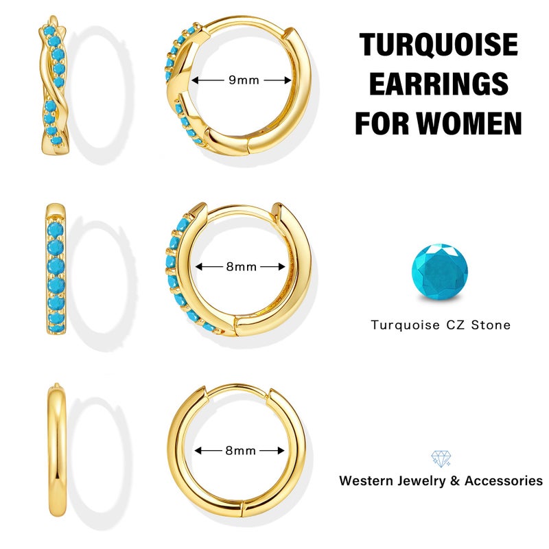Inerney Gold Turquoise Earrings for Women, Dainty 14K Plated Small Summer Earring Hypoallergenic Western Jewelry for Multiple Piercings, Trendy Twisted Mini Cartilage Huggie Hoops Set Gift - Image 3