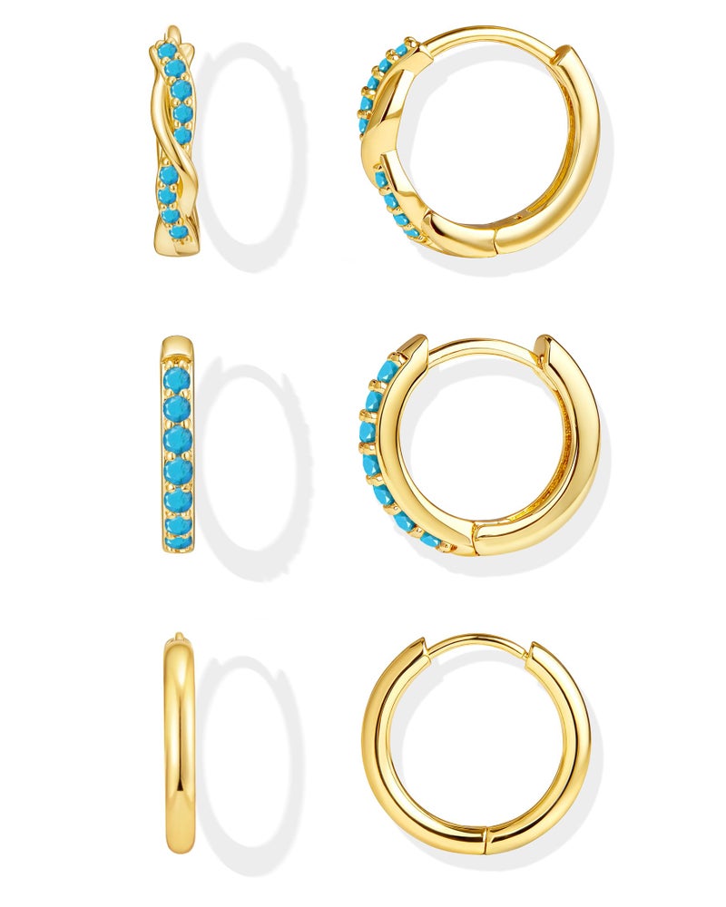 Inerney Gold Turquoise Earrings for Women, Dainty 14K Plated Small Summer Earring Hypoallergenic Western Jewelry for Multiple Piercings, Trendy Twisted Mini Cartilage Huggie Hoops Set Gift - Image 1