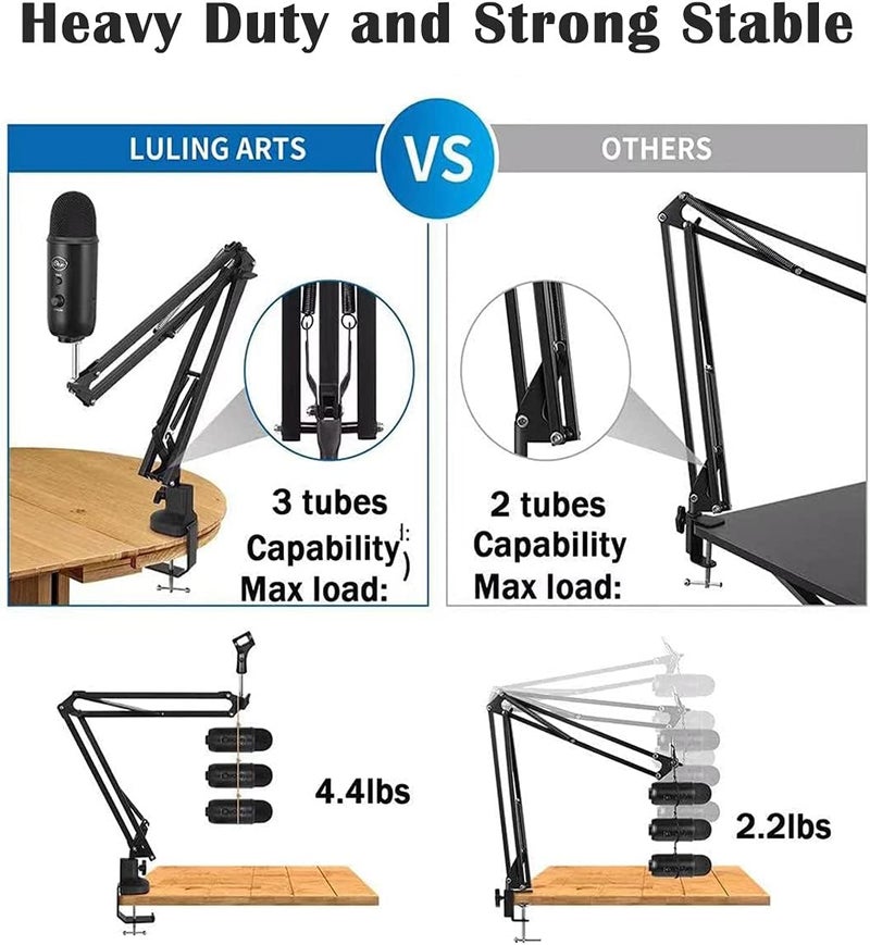 Luling Arts ذراع ميكروفون معلق ثقيل للميكروفون لبلو يتي، هايبر إكس كوادكاست، حامل ميكروفون قابل للتعديل مع فلتر هواء، محول 1/4“-3/8“-5/8“، تثبيت ميكروفون، بث - Image 3