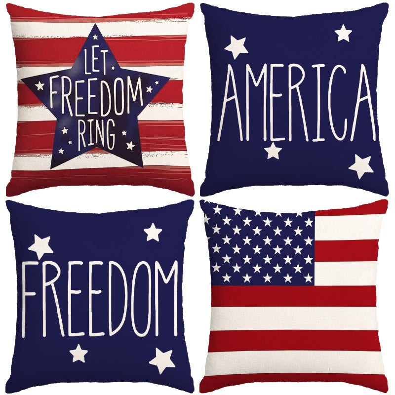 YOSICHY 4th of July Pillow Covers 18x18 Inch,Set of 4 Patriotic Red White Blue Summer Outdoor Throw Pillow Covers,Independence Memorial Day USA Flag Linen Fourth of July Cushion Case for Sofa Couch Decor - Image 1