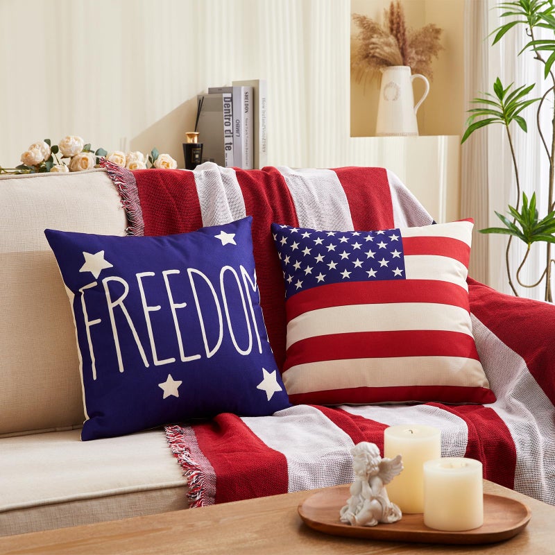YOSICHY 4th of July Pillow Covers 18x18 Inch,Set of 4 Patriotic Red White Blue Summer Outdoor Throw Pillow Covers,Independence Memorial Day USA Flag Linen Fourth of July Cushion Case for Sofa Couch Decor - Image 4