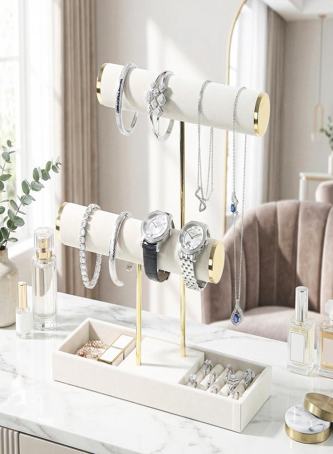 Pengup 2 Tier Jewelry Holder,Bracelet Necklace Organizer with Jewelry Tray,Jewelry Storage Stand for Girls,Velvet Jewelry Tree (Beige) - Image 2