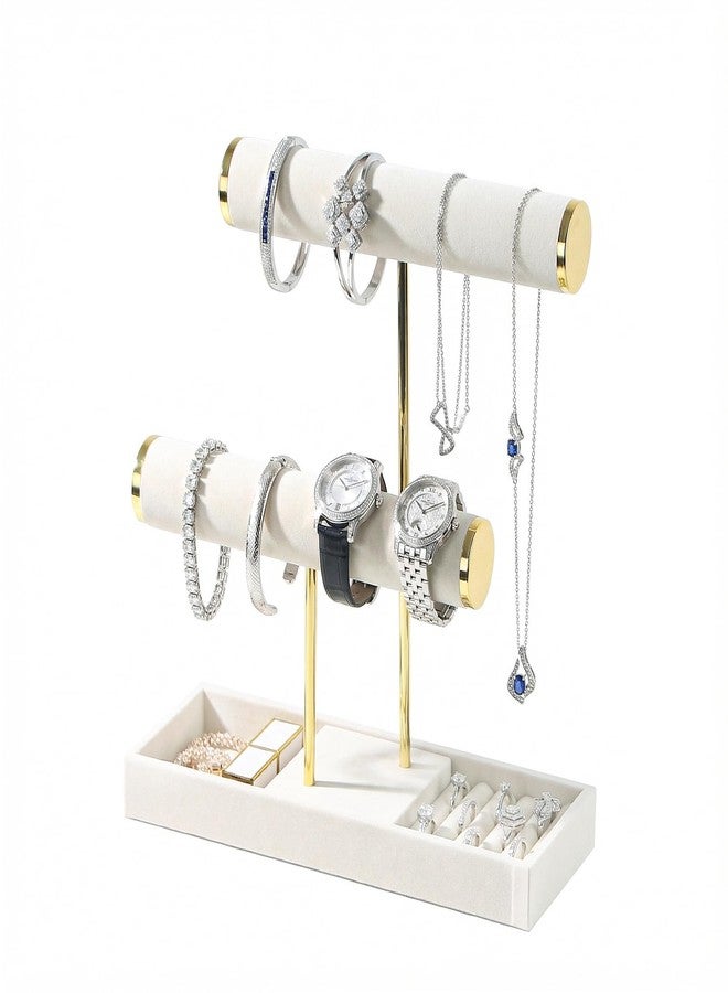 Pengup 2 Tier Jewelry Holder,Bracelet Necklace Organizer with Jewelry Tray,Jewelry Storage Stand for Girls,Velvet Jewelry Tree (Beige) - Image 1