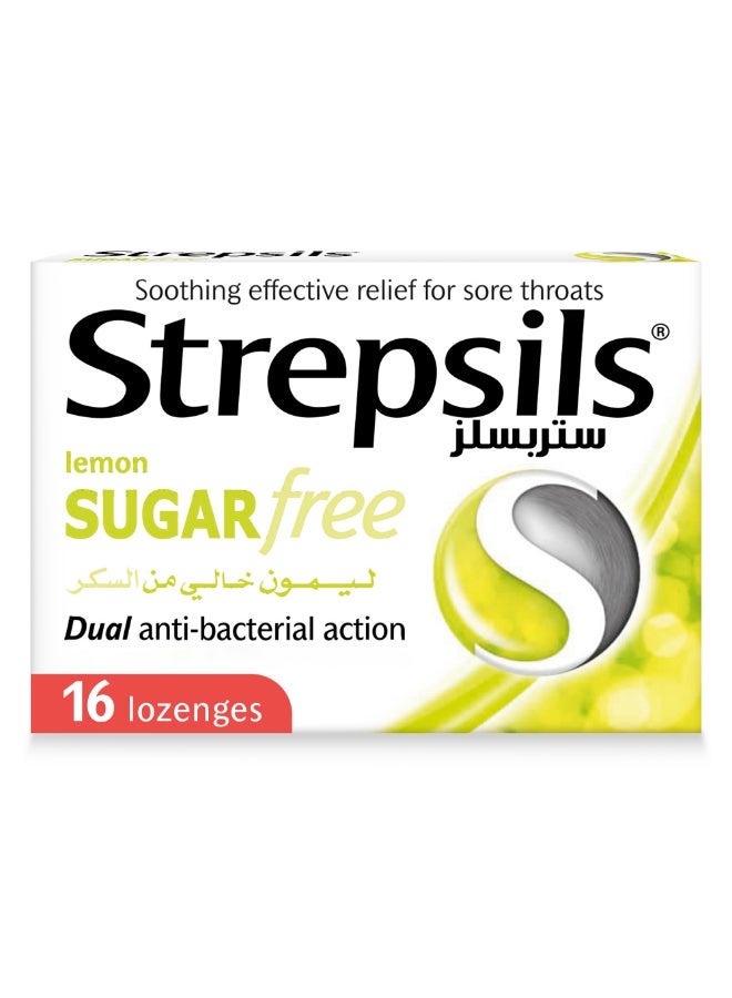 Strepsils Lemon Sugar Free Dual Anti-Bacterial Action Soothing Effective Relief From Sore Throats 16 Lozenges - Image 1
