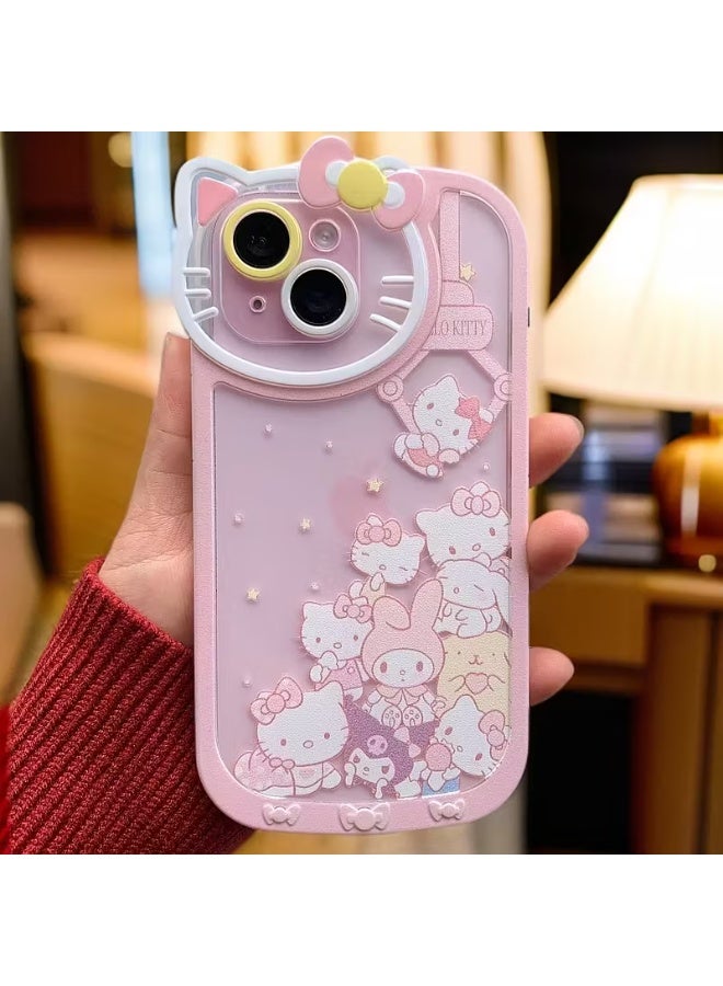 Temu iPhone case with a cat design, featuring a cat-shaped camera frame with a bow, and various camera lens colors. An attractive cartoon cover compatible with iPhone 14 Plus. - Image 1