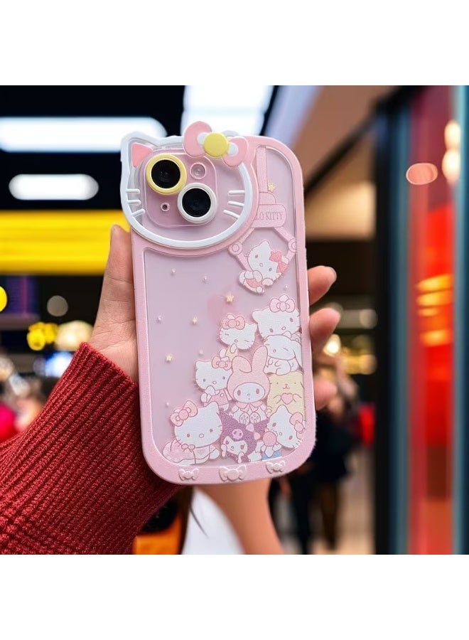 Temu iPhone case with a cat design, featuring a cat-shaped camera frame with a bow, and various camera lens colors. An attractive cartoon cover compatible with iPhone 14 Plus. - Image 2