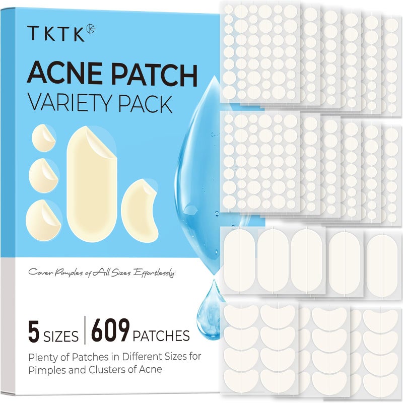 TKTK 609 Count Pimple Patches for Face, Hydrocolloid Acne Patch Bulk, Acne Stickers for Covering Cheeks, Forehead, Chin Blemishes Zit Breakouts for All Skin Types (Dots, Strip, Contoured 5 Sizes) - Image 1