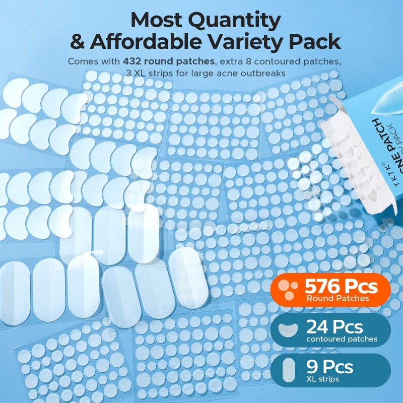 TKTK 609 Count Pimple Patches for Face, Hydrocolloid Acne Patch Bulk, Acne Stickers for Covering Cheeks, Forehead, Chin Blemishes Zit Breakouts for All Skin Types (Dots, Strip, Contoured 5 Sizes) - Image 2