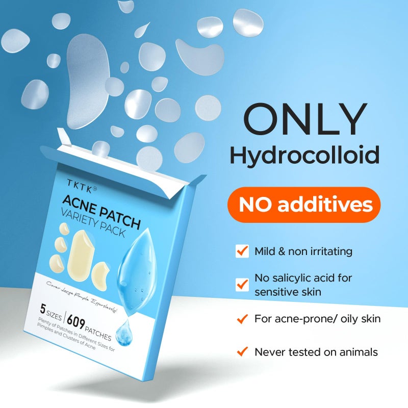 TKTK 609 Count Pimple Patches for Face, Hydrocolloid Acne Patch Bulk, Acne Stickers for Covering Cheeks, Forehead, Chin Blemishes Zit Breakouts for All Skin Types (Dots, Strip, Contoured 5 Sizes) - Image 5