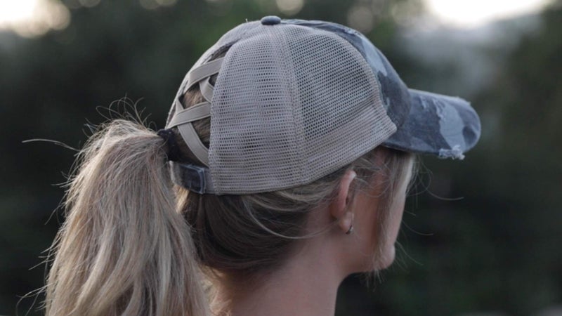 Funky Junque Ponytail Messy Bun Trucker Ponycap (Mesh - Coral w/Criss Cross Back) - Image 4