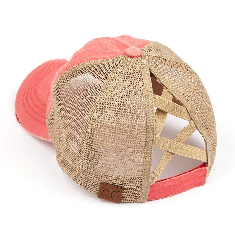Funky Junque Ponytail Messy Bun Trucker Ponycap (Mesh - Coral w/Criss Cross Back) - Image 2