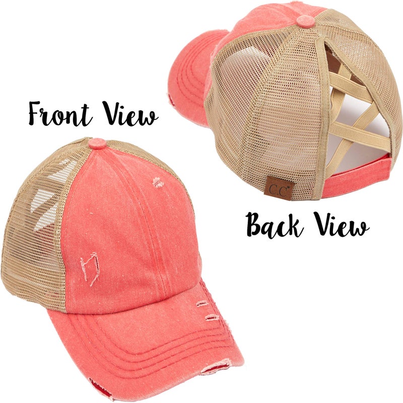 Funky Junque Ponytail Messy Bun Trucker Ponycap (Mesh - Coral w/Criss Cross Back) - Image 3
