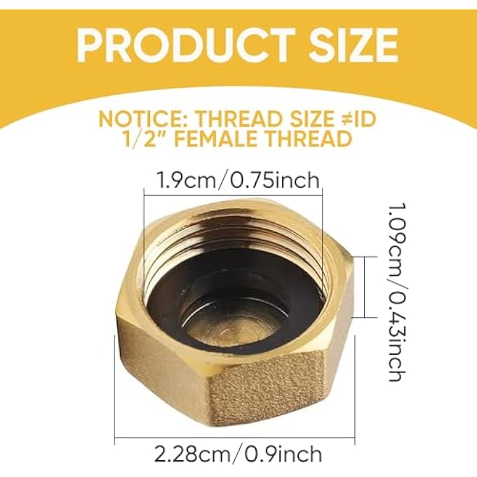 BRASS BLANKING CAP 1/2 INCH - 6PCS BRASS BLANKING NUT CAPS - FEMALE HEX NUT CAP PLUGS WITH SEALS - BRASS END CAPS FOR PIPE REPAIR - SUIT FOR WASHING MACHINE, FAUCETS & PLUMBING FITTINGS - Image 2