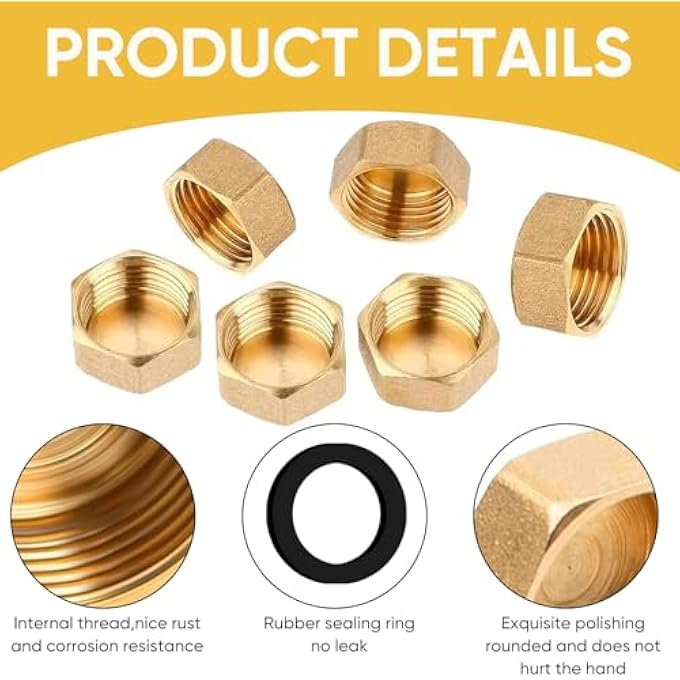 BRASS BLANKING CAP 1/2 INCH - 6PCS BRASS BLANKING NUT CAPS - FEMALE HEX NUT CAP PLUGS WITH SEALS - BRASS END CAPS FOR PIPE REPAIR - SUIT FOR WASHING MACHINE, FAUCETS & PLUMBING FITTINGS - Image 3
