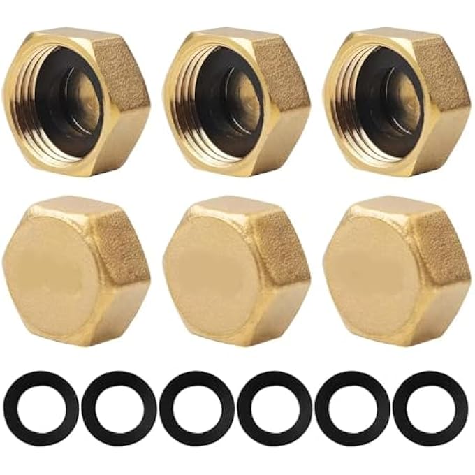 BRASS BLANKING CAP 1/2 INCH - 6PCS BRASS BLANKING NUT CAPS - FEMALE HEX NUT CAP PLUGS WITH SEALS - BRASS END CAPS FOR PIPE REPAIR - SUIT FOR WASHING MACHINE, FAUCETS & PLUMBING FITTINGS - Image 1