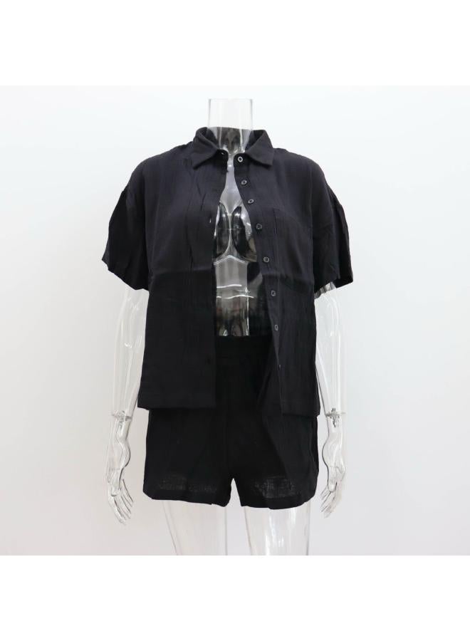 European And American Women's Loose Fashion Casual Suit Short-sleeved Shirt Shorts Single-breasted Solid Color Cotton Wrinkle