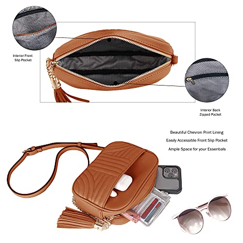 EVVE Quilted Crossbody Bags for Women - Stylish Camera Bag with Tassel - Lightweight Medium Size Shoulder Purse | Tan - Image 3