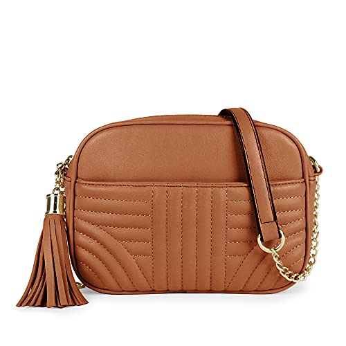 EVVE Quilted Crossbody Bags for Women - Stylish Camera Bag with Tassel - Lightweight Medium Size Shoulder Purse | Tan - Image 1