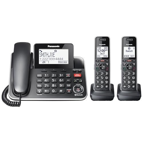 Panasonic Link2Cell Expandable Phone with Digital Answering System & Smart Call Blocker, One Corded Base Unit and Two Cordless Handsets Black - KX-TGF882B - Image 1