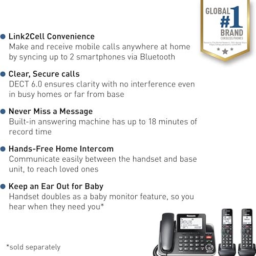 Panasonic Link2Cell Expandable Phone with Digital Answering System & Smart Call Blocker, One Corded Base Unit and Two Cordless Handsets Black - KX-TGF882B - Image 2