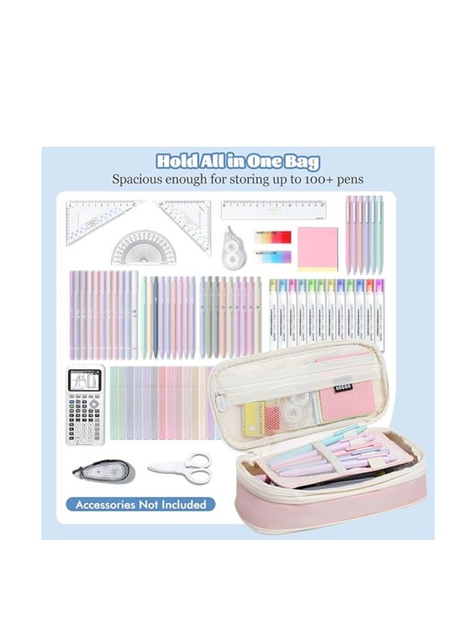 Large Pencil Case Big Capacity 3 Compartments Canvas Pencil Pouch for Teen Boys Girls School Students Big Capacity Pencil Case Large Storage Pencil Bag for Adults Office (PINK-3) - Image 2