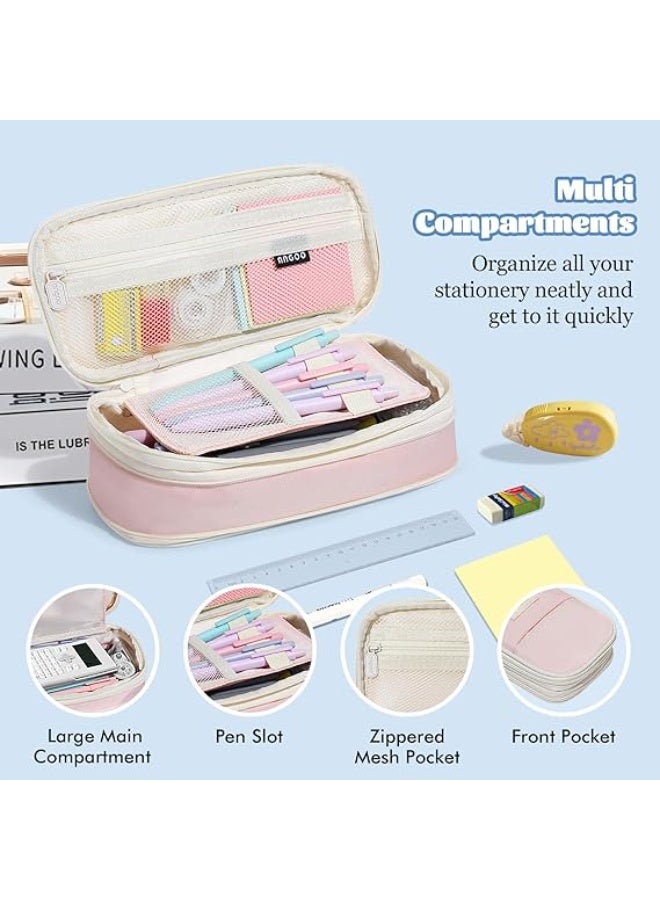 Large Pencil Case Big Capacity 3 Compartments Canvas Pencil Pouch for Teen Boys Girls School Students Big Capacity Pencil Case Large Storage Pencil Bag for Adults Office (PINK-3) - Image 3