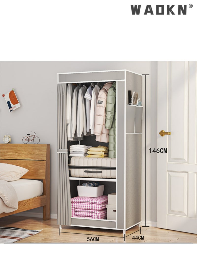 WAOKN Portable Closet Wardrobe, Freestanding Clothes Organizer with Hanging Rod & 2 Side Pockets, Cabinet for Space Saving,Dustproof  &Lightweight Closet Organizer, 12mm Galvanized Steel Pipe Frame, Multi-Compartment Storage Cabinet for Bedroom, Dorm, Rental Home(56×44×146cm ,gery) - Image 1