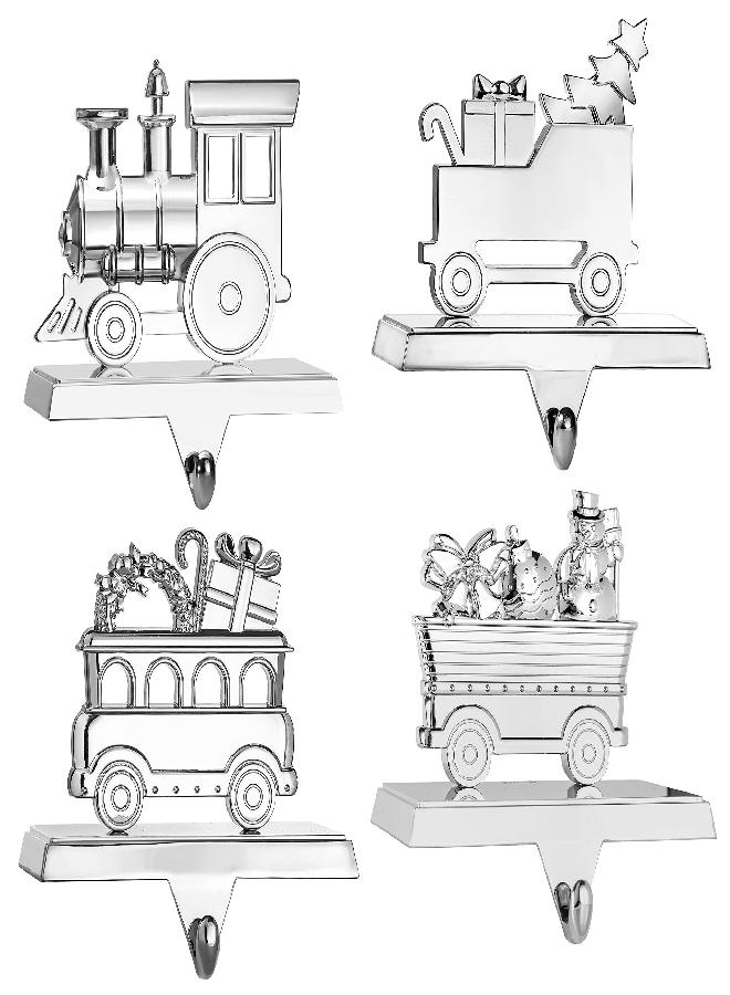 Klikel Stocking Holder Set of 4 - Christmas Train Stocking Hanger for Mantel - Shiny Silver Metal Christmas Stocking Holder for Fireplace Mantle - Heavy Stocking Holder for Mantle with Hook