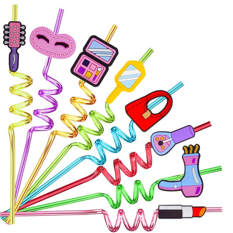 24pcs Makeup Theme Styling Straws Reusable Plastic Straws Girls Kids Baby Spa Theme Birthday Party Supplies Decorations Birthday Party Favors with 2 Cleaning Brushes Gifts for Sweetheart