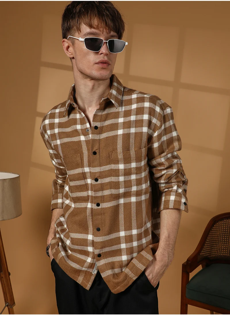 كامبوس سوترا Men's Ash Brown Checkered Utility Overshirt