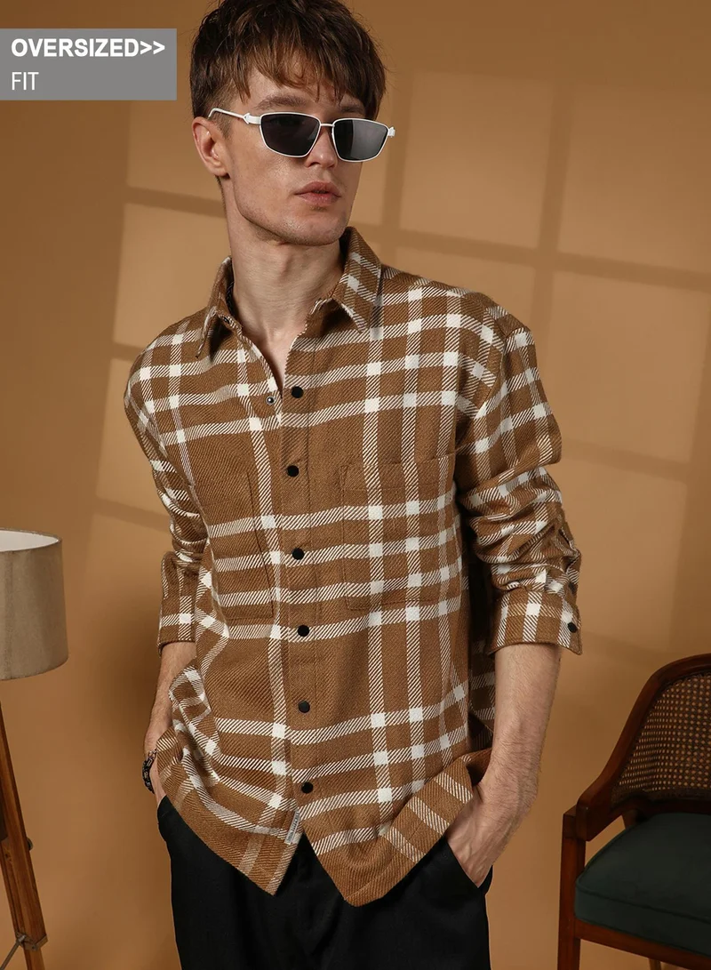 Campus Sutra Campus Sutra Men's Ash Brown Checkered Utility Overshirt For Casual Wear | Spread Collar | Long Sleeve | Button Closure | Overshirt/Shacket Crafted With Comfort Fit For Everyday Wear