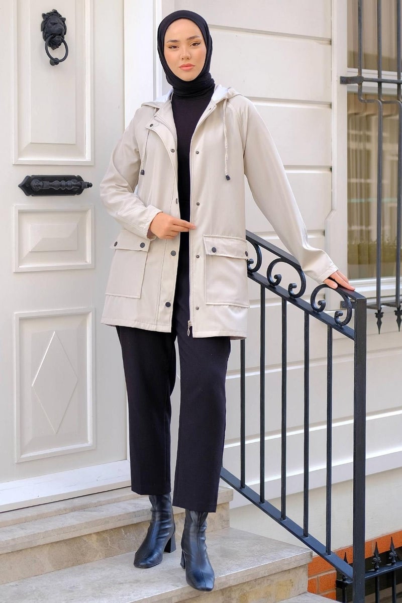 Hafsa Mina Bag Pocket Trench Coat Stone Color HM2275 - Image 2