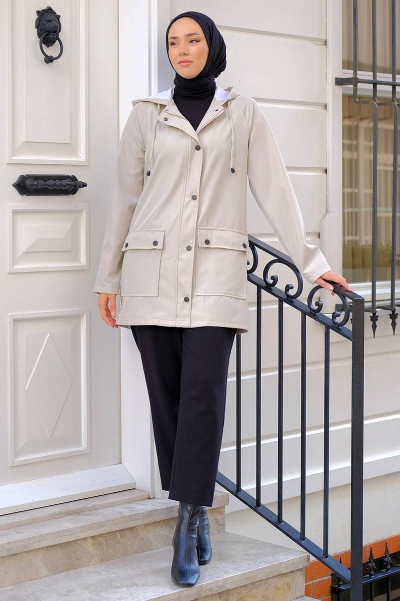 Hafsa Mina Bag Pocket Trench Coat Stone Color HM2275 - Image 4