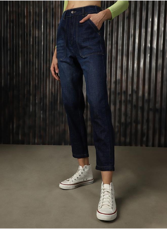 HIGH STAR - Women Jeans in Blue featuring Mom fit fit with a washed pattern, regular length, secured with button closure, crafted from 100% cotton – your go-to choice for effortless elegance. - Image 1