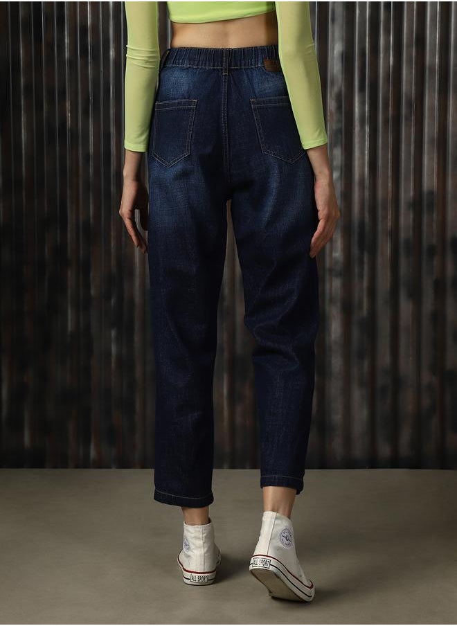 HIGH STAR - Women Jeans in Blue featuring Mom fit fit with a washed pattern, regular length, secured with button closure, crafted from 100% cotton – your go-to choice for effortless elegance. - Image 1