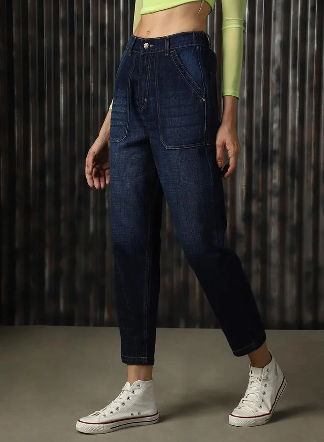 HIGH STAR Women's Blue 100% Cotton Washed Regular Length Mom Fit Jeans
