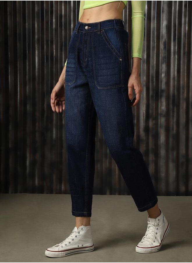 HIGH STAR - Women Jeans in Blue featuring Mom fit fit with a washed pattern, regular length, secured with button closure, crafted from 100% cotton – your go-to choice for effortless elegance. - Image 1