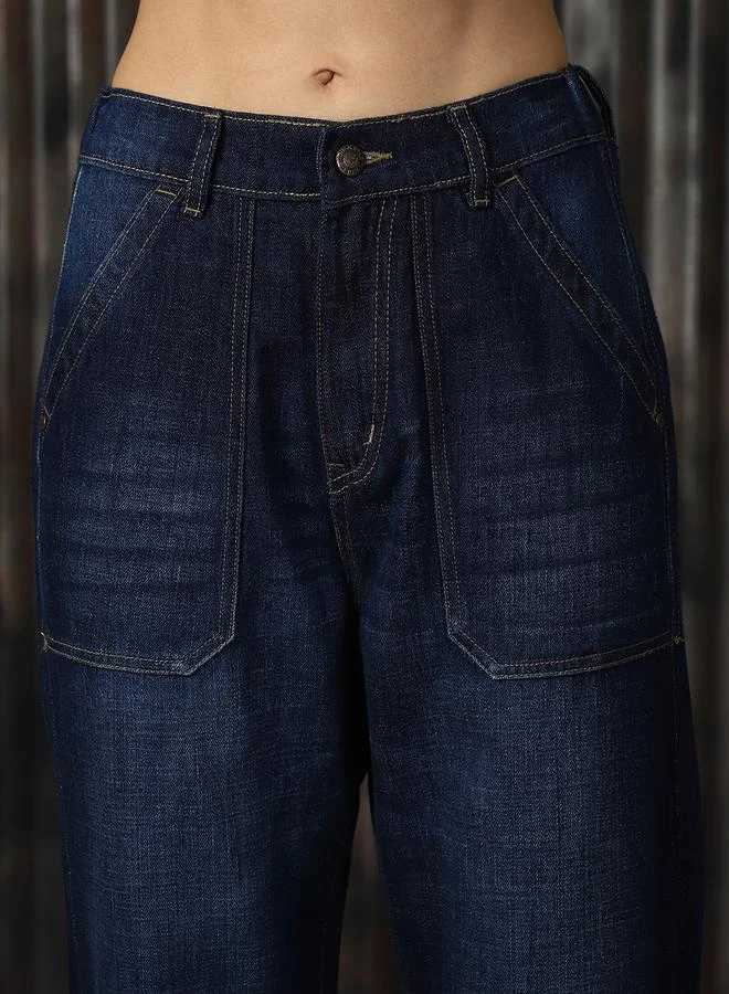 HIGH STAR Women's Blue 100% Cotton Washed Regular Length Mom Fit Jeans