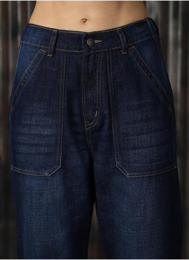HIGH STAR - Women Jeans in Blue featuring Mom fit fit with a washed pattern, regular length, secured with button closure, crafted from 100% cotton – your go-to choice for effortless elegance. - Image 1