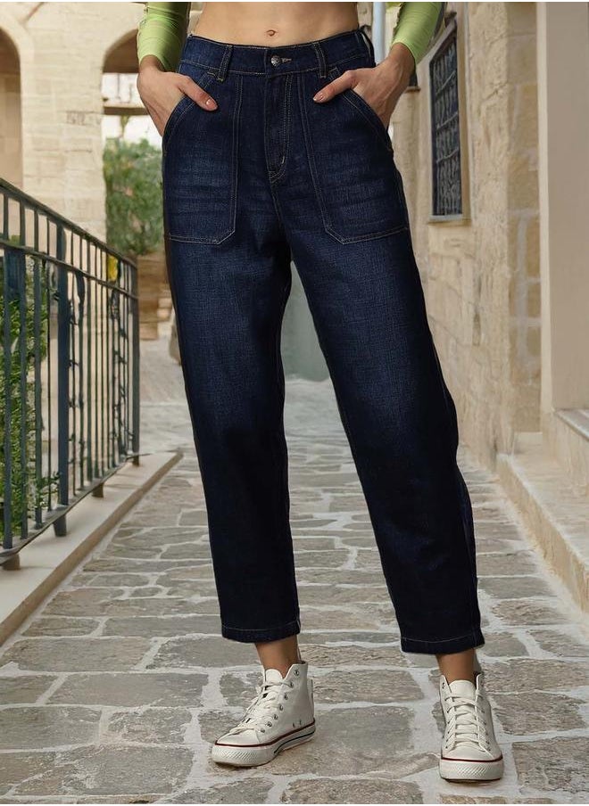 HIGH STAR - Women Jeans in Blue featuring Mom fit fit with a washed pattern, regular length, secured with button closure, crafted from 100% cotton – your go-to choice for effortless elegance. - Image 1