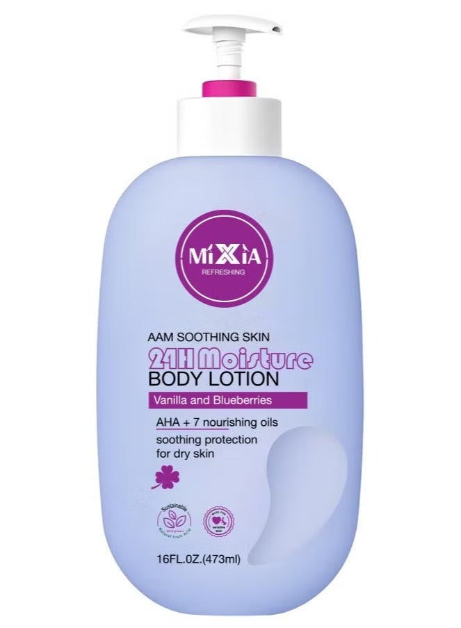 MIXIA 24-Hour Moisture Body Lotion Skin Care, Made with Vanilla and Blueberries, AHA + 7 Nourishing Oils Soothing Protection for Dry Skin, 16 fl oz - Image 1