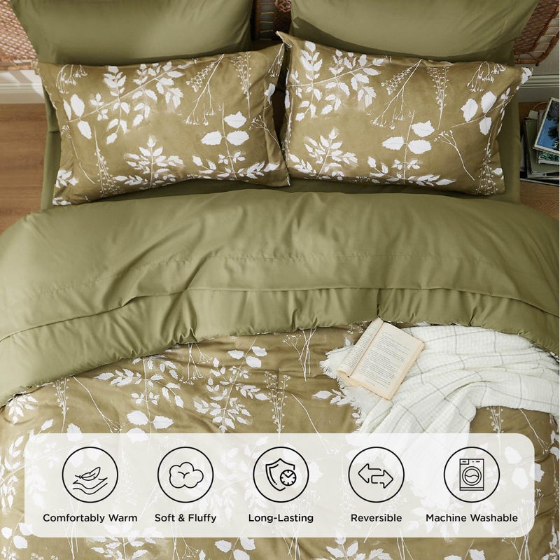 Bedsure طقم لحاف ملكي مزهر مكون من 7 قطع مع زهور نباتية، مع 1 لحاف (230 سم × 230 سم)، 1 ملاءة مشدودة (150 سم × 203 سم) مع جيب عميق 35 سم، 1 ملاءة مسطحة (229 سم × 260 سم)، 2 غطاء وسادة (50 سم × 90 سم) و 2 غطاء وسادة مزخرف (50 سم × 66 سم)، زيتوني أخضر - Image 3